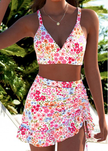 women clothes image of Pink Mid Waisted Three-piece Ditsy Floral Print Bikini Set