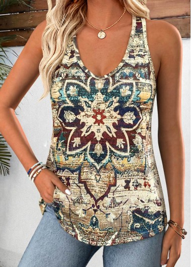 women clothes image of Multi Color Tribal Print Curved Hem Sleeveless Tank Top