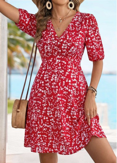 women clothes image of Red Ditsy Floral Print Short Surplice Half Sleeve Dress