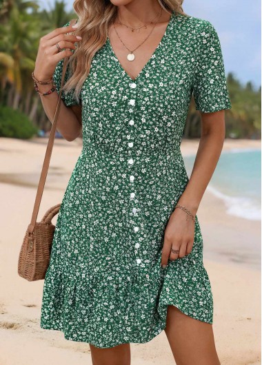 women clothes image of Green Ditsy Floral Print Short Shirred V Neck Dress