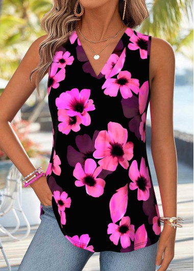 women clothes image of Neon Rose Red Floral Print Curved Hem Tank Top