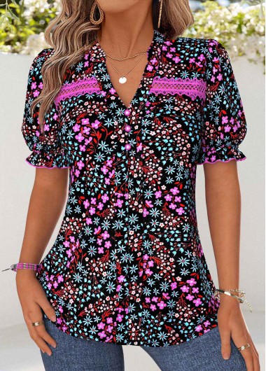 women clothes image of Multi Color Ditsy Floral Print Patchwork Short Sleeve Blouse