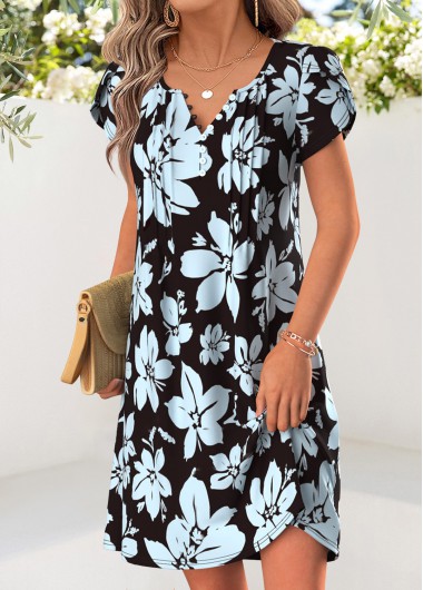 women clothes image of Dusty Blue Floral Print Short Tuck Stitch Dress
