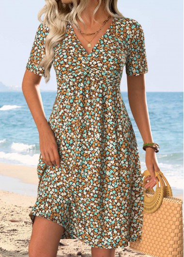 women clothes image of Dark Coffee Ditsy Floral Print Short Tummy Coverage Dress