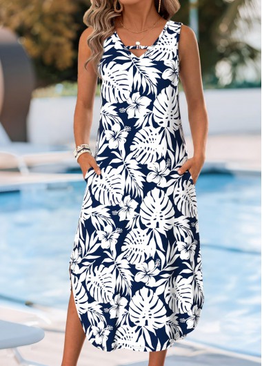 women clothes image of Navy Floral Print Curved Hem Sleeveless V Neck Dress