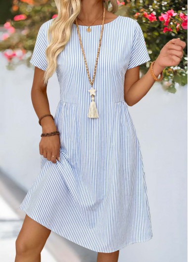 women clothes image of Dusty Blue Striped Shirred Short Sleeve Round Neck Dress