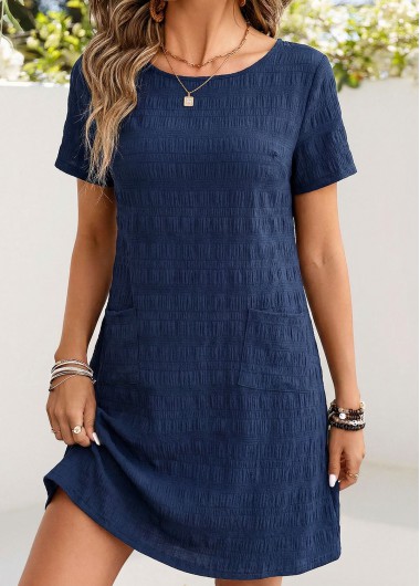 women clothes image of Navy Patch Pocket Short Sleeve Round Neck Dress