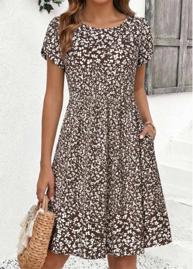 women clothes image of Dark Coffee Ditsy Floral Print Short Shirred Dress