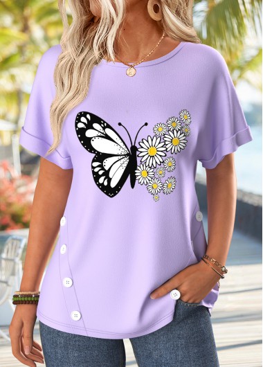 women clothes image of Light Purple Floral Print Patchwork Short Sleeve T Shirt