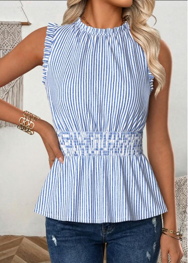 women clothes image of Blue Striped Frill Sleeveless Round Neck Tank Top
