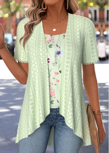 women clothes image of Light Green Floral Print Fake Two Piece Twinset