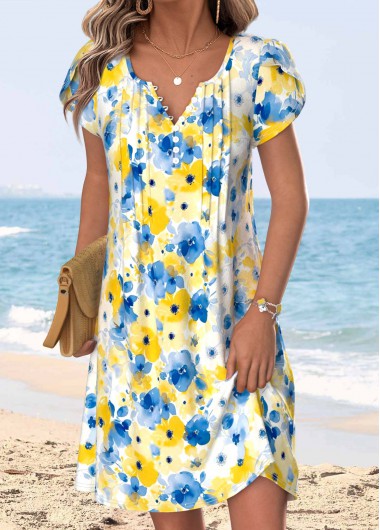 women clothes image of Multi Color Floral Print Short Tuck Stitch Dress