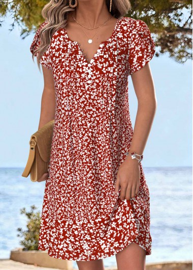 women clothes image of Red Ditsy Floral Print Short Tuck Stitch Dress