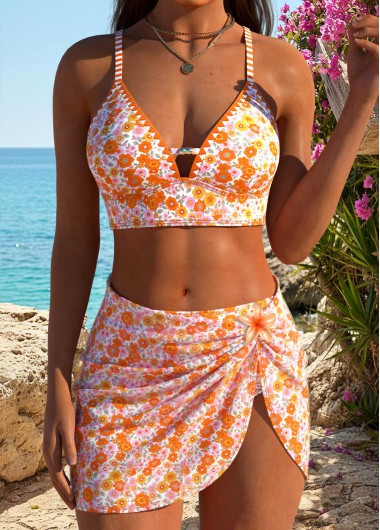 women clothes image of Orange Low Waisted Three-piece Floral Print Bikini Set