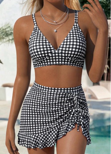 women clothes image of Black Mid Waisted Curved Hem Gingham Print Bikini Set