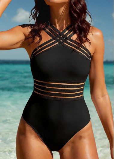 women clothes image of Black Criss Cross Patchwork One Piece Swimwear