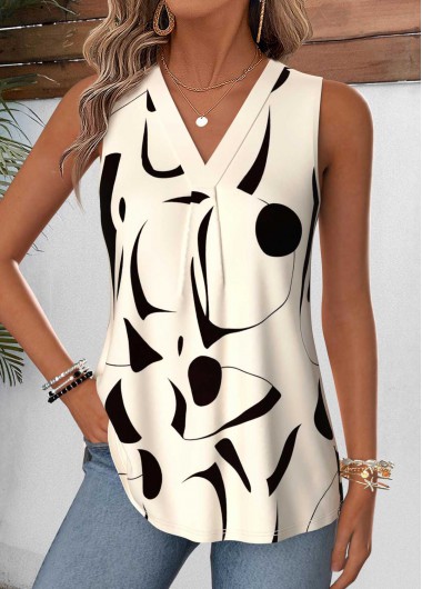 women clothes image of Beige Geometric Print Curved Hem Sleeveless Tank Top
