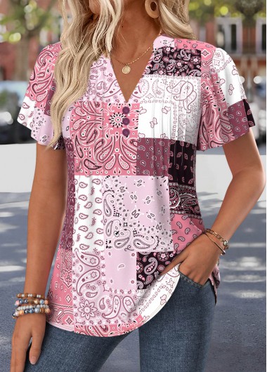 women clothes image of Pink Tribal Print Curved Hem Short Sleeve T Shirt