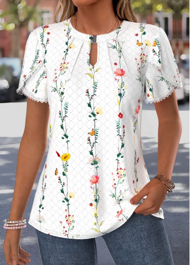 women clothes image of White Ditsy Floral Print Curved Hem Short Sleeve Blouse