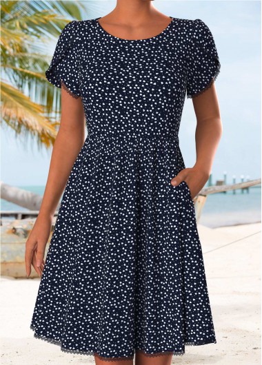 women clothes image of Navy Geometric Print Double Side Pockets Short Sleeve Dress