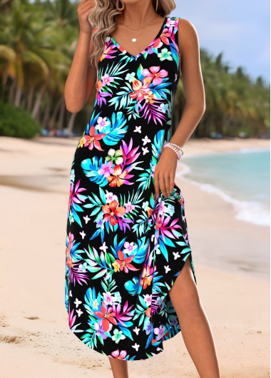 women clothes image of Black Floral Print Tummy Coverage A Line Sleeveless Dress