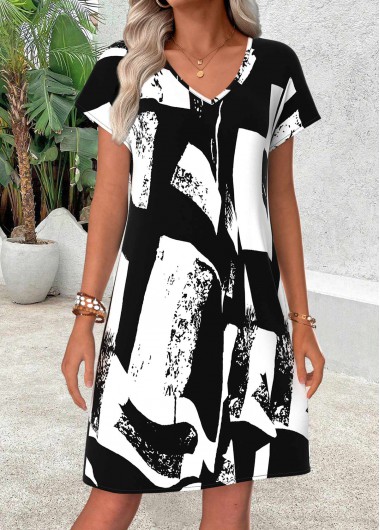 women clothes image of Black Geometric Print Short Tummy Coverage A Line Dress