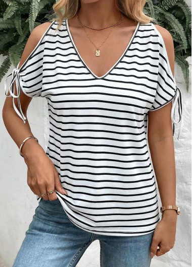 women clothes image of White Striped Tie Short Sleeve V Neck T Shirt