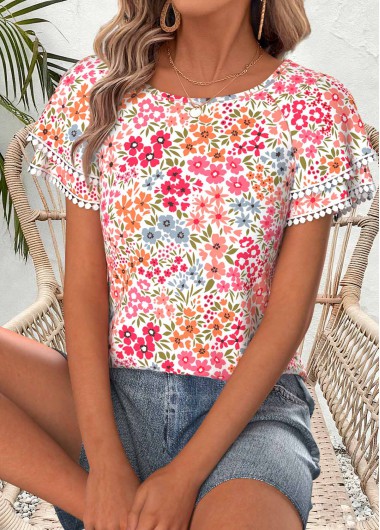women clothes image of Light Pink Floral Print Ruffle Short Sleeve T Shirt