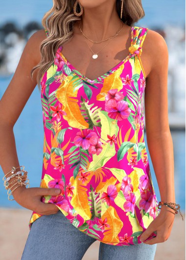 women clothes image of Hot Pink Tropical Plants Print Tie Sleeveless Tank Top