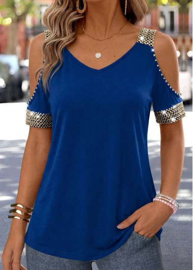 women clothes image of Blue Cut Out Short Sleeve V Neck T Shirt