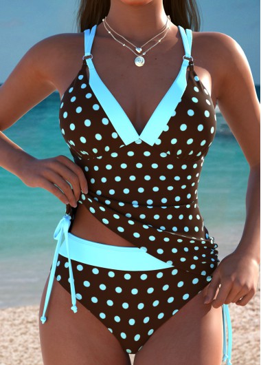 women clothes image of Light Coffee Mid Waisted Polka Dot Tankini Set