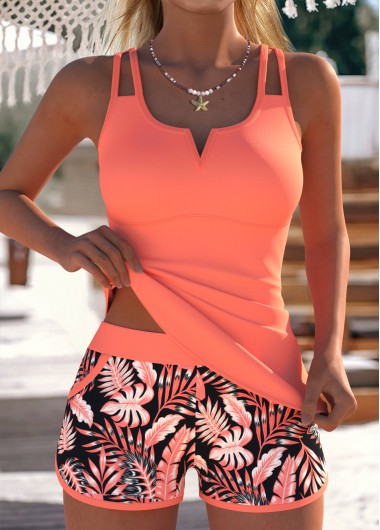 women clothes image of Coral Mid Waisted Pocket Plants Print Tankini Set