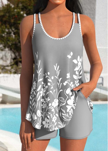 women clothes image of Grey Mid Waisted Curved Hem Floral Print Tankini Set