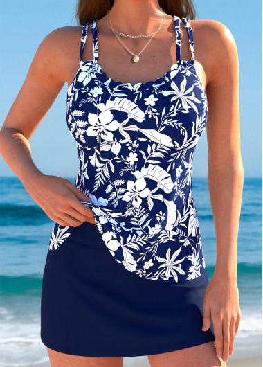 women clothes image of Navy Mid Waisted Scalloped Hem Floral Print Tankini Set