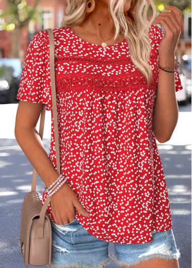 women clothes image of Red Heart Print Curved Hem Short Sleeve T Shirt