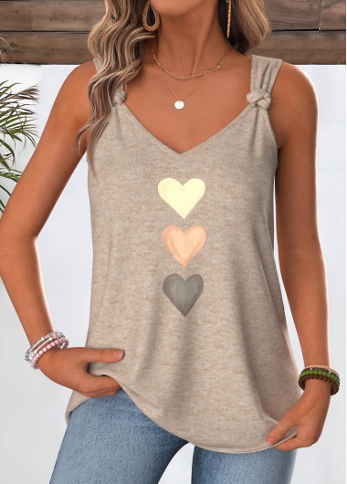 women clothes image of Light Camel Heart Print Tie Sleeveless Tank Top