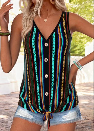 women clothes image of Multi Color Striped Tie Sleeveless V Neck Tank Top