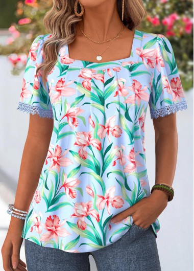 women clothes image of Blue Floral Print Pleated Short Sleeve T Shirt