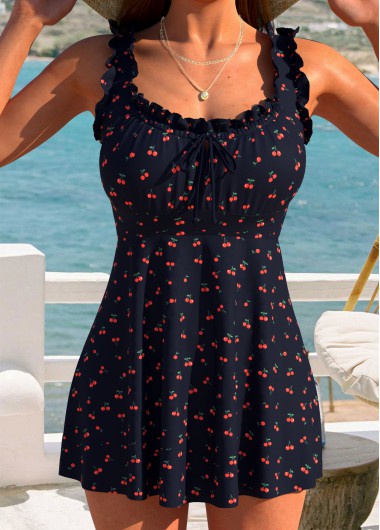 women clothes image of Black Frill Fruit Printing Tankini Top
