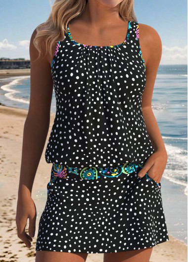 Black Mid Waisted Two-piece Polka Dot Tankini Set