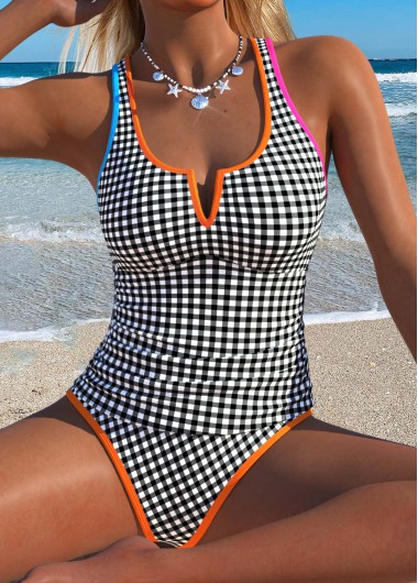 women clothes image of Black Mid Waisted Patchwork Gingham Print Tankini Set