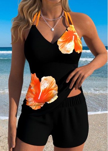 women clothes image of Black Mid Waisted Tummy Coverage Floral Print Tankini Set