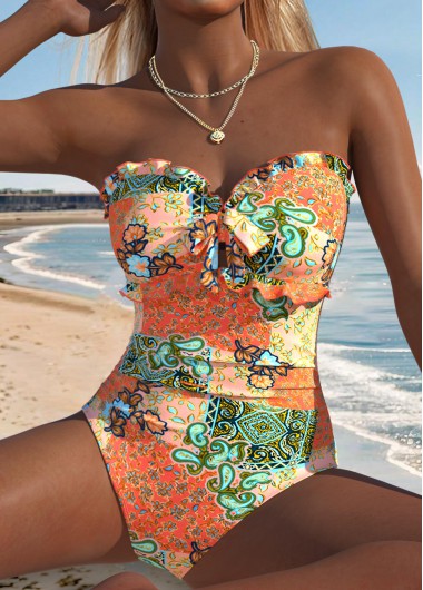 women clothes image of Coral Bowknot Tribal Print One Piece Swimwear