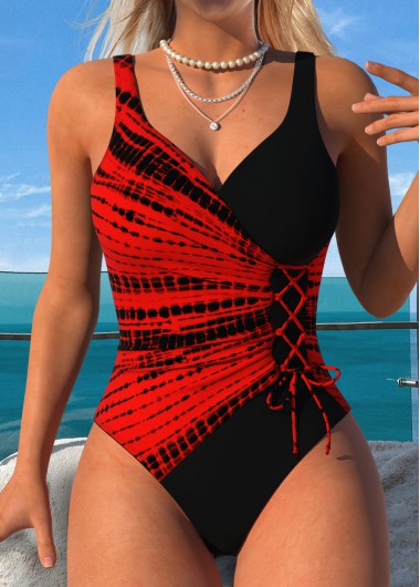 women clothes image of Pull On Tie Dye Print Red One Piece Swimwear