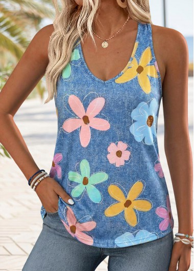 women clothes image of Denim Blue Floral Print Curved Hem Sleeveless Tank Top