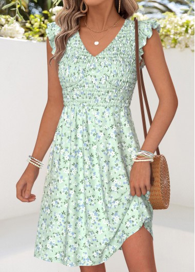 women clothes image of Light Green Ditsy Floral Print Short Ruffle Dress
