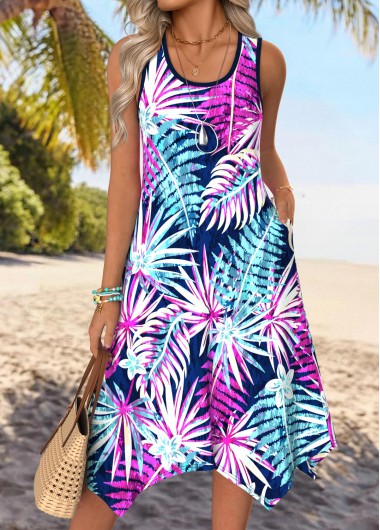women clothes image of Multi Color Leaf Print Handkerchief Hem Sleeveless Dress