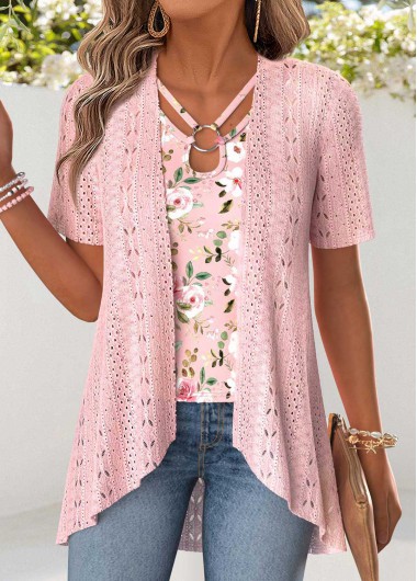 women clothes image of Light Pink Floral Print Fake Two Piece Twinset