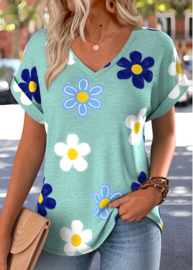 women clothes image of Green Floral Print Patch Pocket Short Sleeve T Shirt