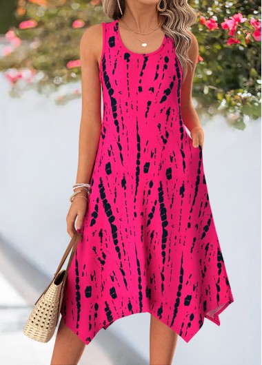 women clothes image of Hot Pink Tie Dye Print Double Side Pockets Dress